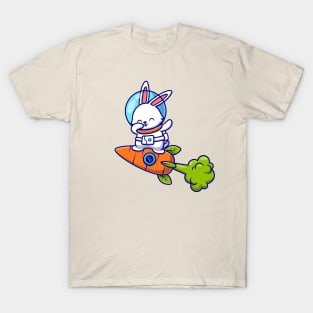 Cute Rabbit Astronaut Dabbing And Flying With Carrot Rocket T-Shirt